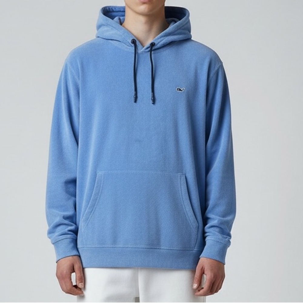 Vineyard Vines Men’s Light Blue Whale French Terry Pullover Hoodie | Size L